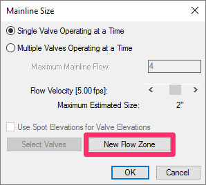 Mainline Size dialog box, New Flow Zone button