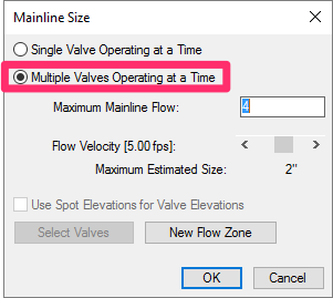 Mainline Size dialog box, Multiple Valves Operating at a Time option