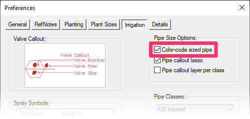 Irrigation Preferences, Color code sized pipe option