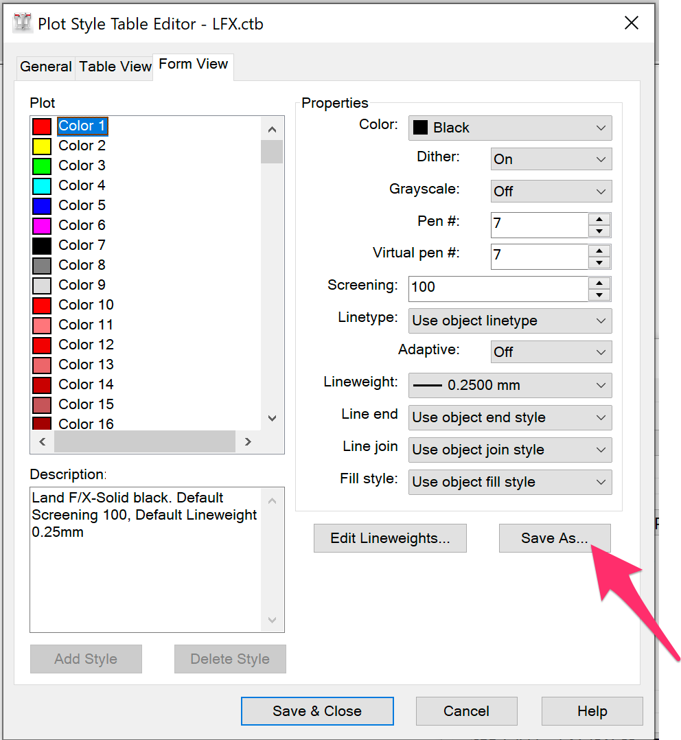 Plot Style Table Editor dialog box, Save As button