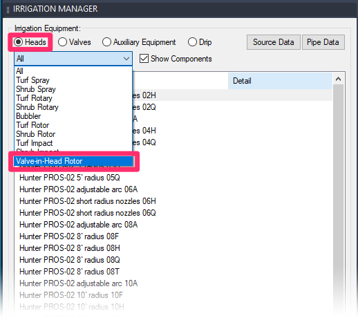 Heads menu, Valve-in-Head Rotor option in Irrigation Manager 