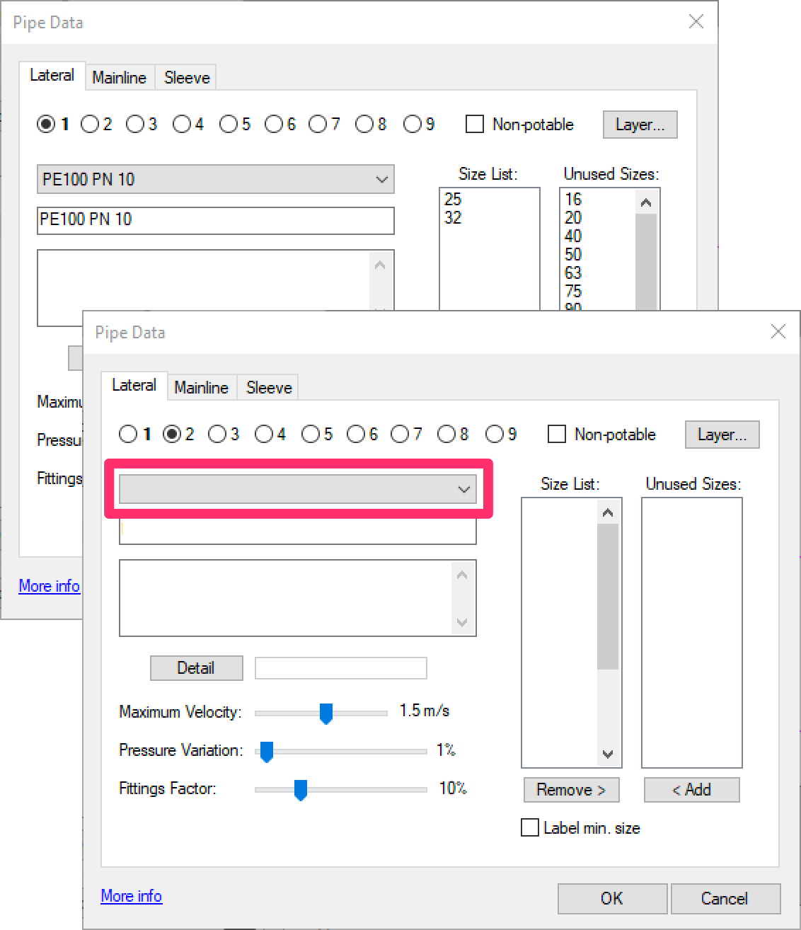 Pipe Data dialog box, Class 2 left blank for lateral pipe