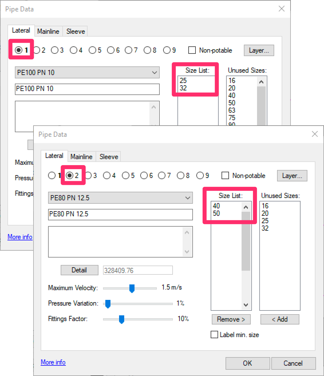 Pipe Data, pipe classes assigned in Size List for lateral and mainline pipe