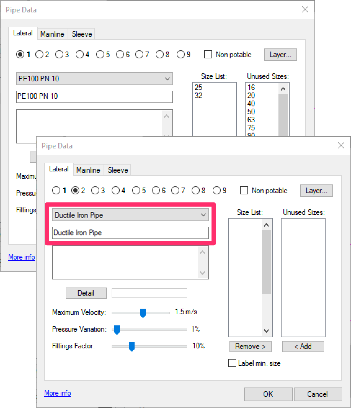 Pipe Data dialog box, incompatible materials set for two pipe classes, lateral pipe