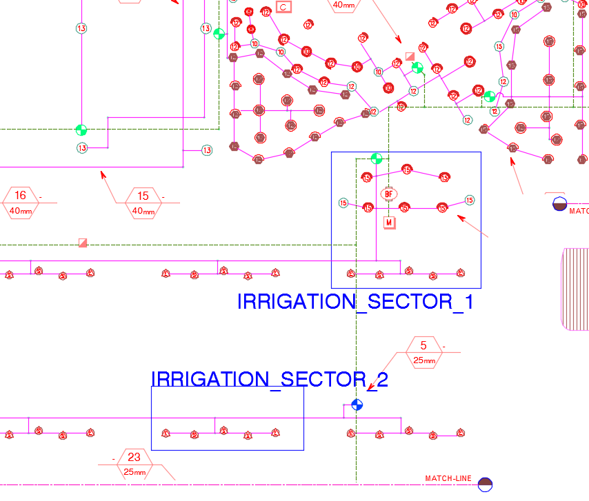 Example of an irrigation plan with Work Areas