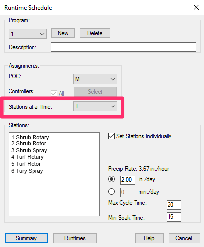 Runtime Schedule dialog box, Stations at a time menu