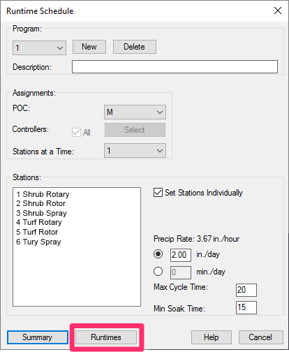 Runtime Schedule dialog box, Runtimes button