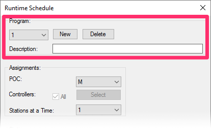 Runtime Schedule dialog box, Program section