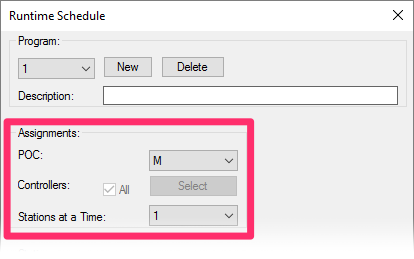 Runtime Schedule dialog box, Assignments section