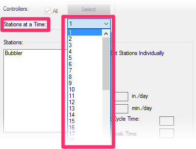 Runtime Schedule dialog box, Atations at a time menu