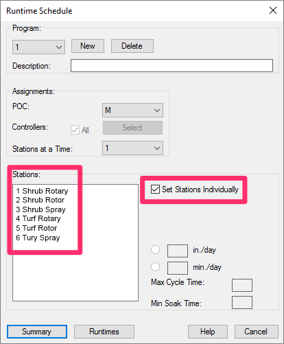 Runtime Schedule dialog box, Set Stations Individually option selected, Stations section shows individual valves used in the plan