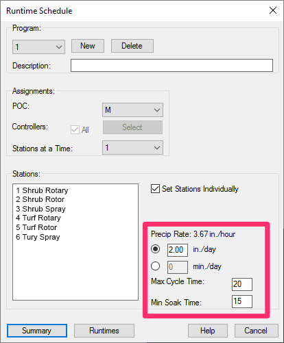 Runtime Schedule dialog box, Rate, Cycle, and Soak settings