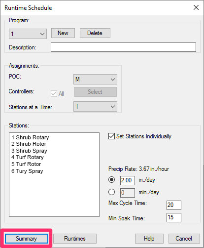 Runtime Schedule dialog box, Summary button