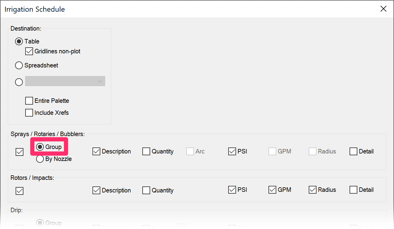 Sprays / Rotaries / Bubblers category, Group option