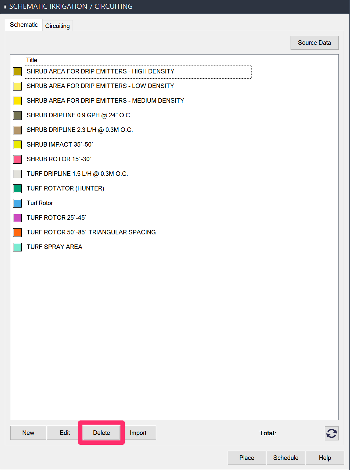 Schematic Irrigation Manager, Delete button