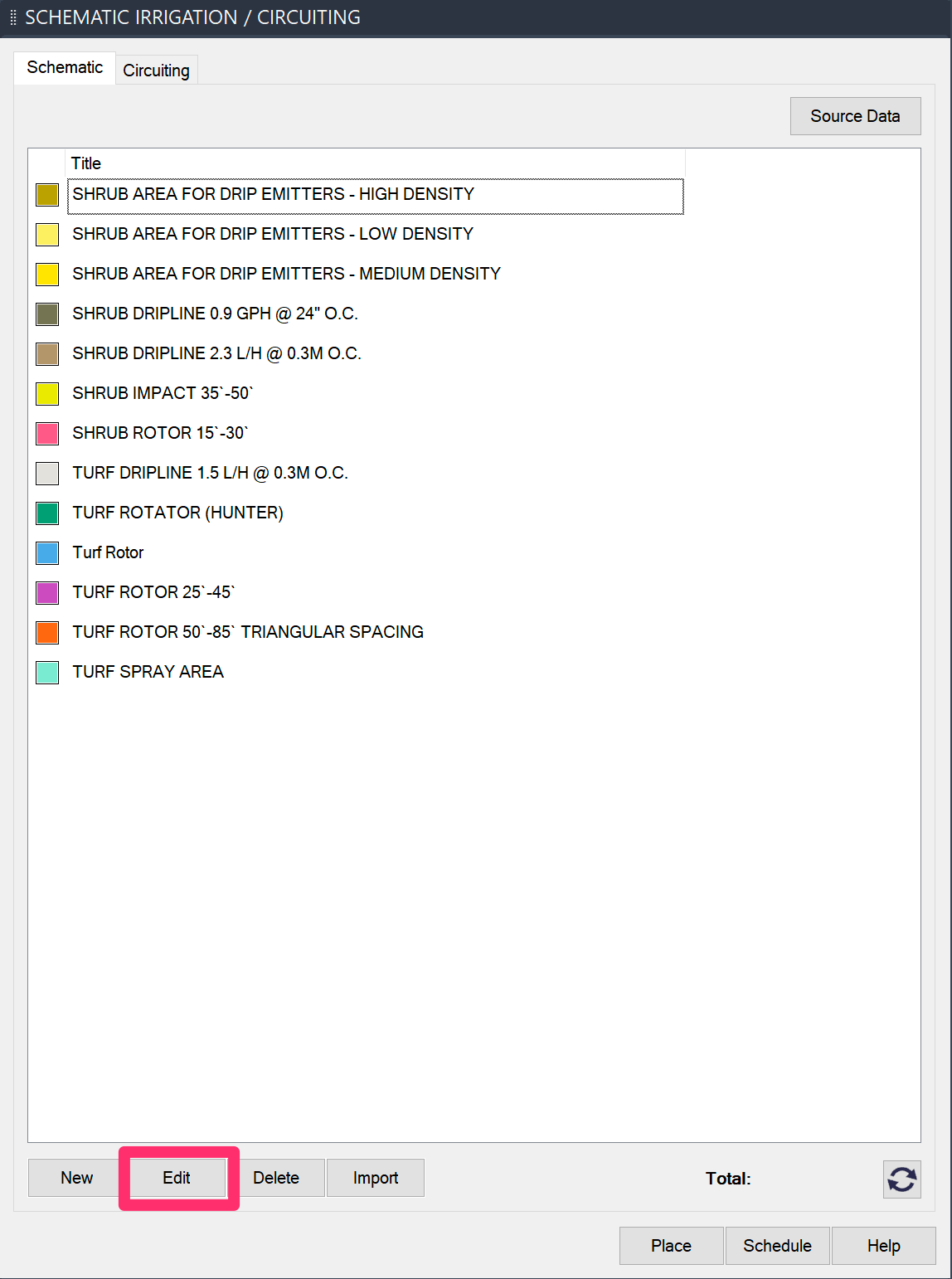 Schematic Irrigation Manager, Edit button