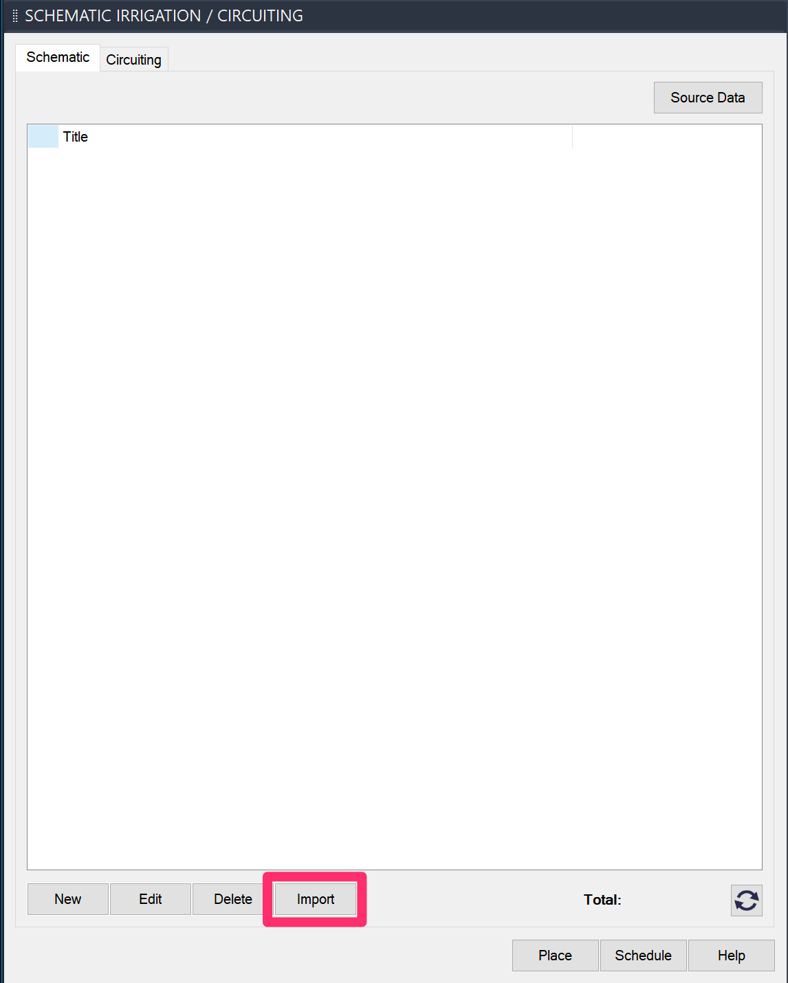 Schematic Irrigation Manager, Import button