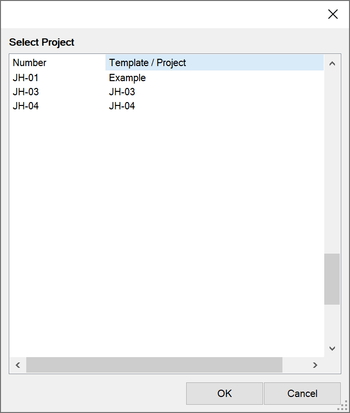 Selecting a project or template to import from