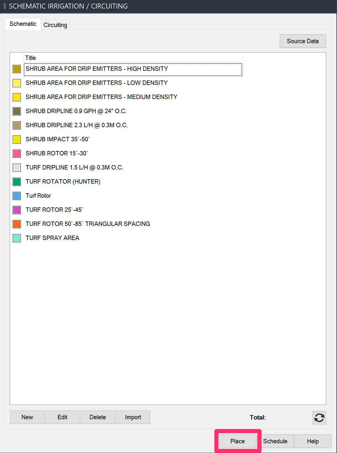 Schematic Irrigation Manager, Place button