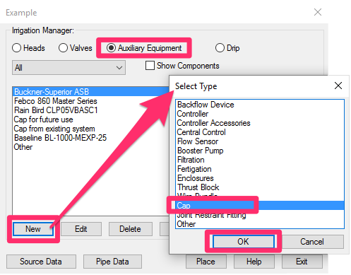 Irrigaiton Manager, Auxiliary Equipment category, New button