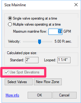 Size Mainline dialog box, Use Spot Elevations option selected