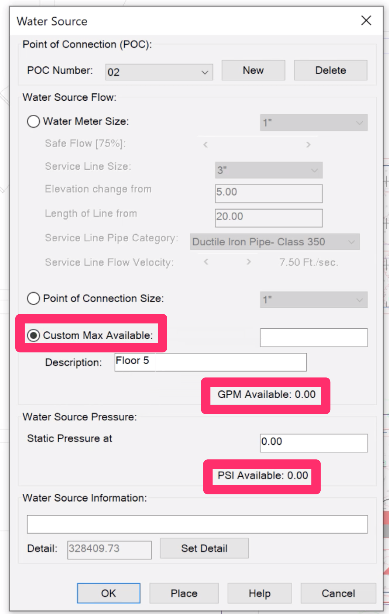 Water Source dialog box, Custom Max Available option