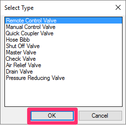 Select valve type