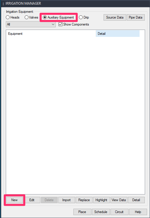 Irrigation Manager, Auxiiary Equipment option, New button