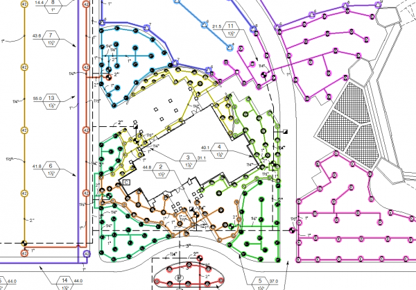 Irrigation plan with colorized zones, example