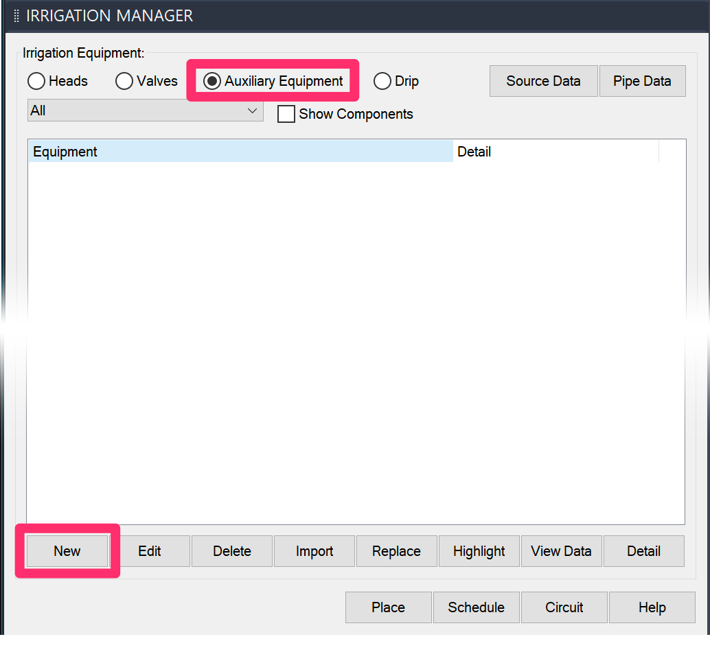 Irrigation Manager, Auxiliary Equipment option, New button