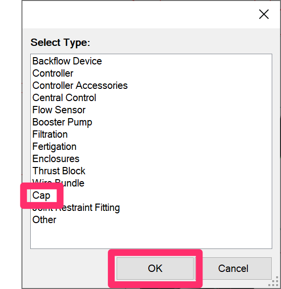 Select Type dialog box, Cap option