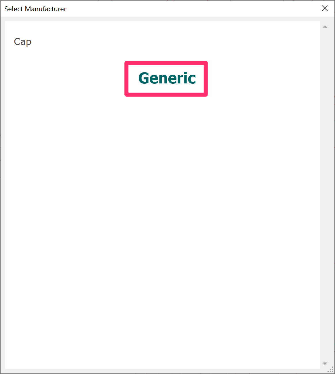 Select Manufacturer dialog box, Generic option