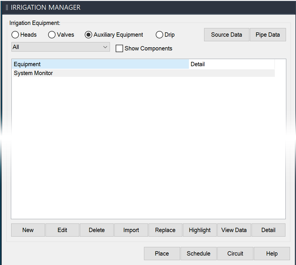 Irrigation Manager with System Monitor listed under Auxiliary Equipment