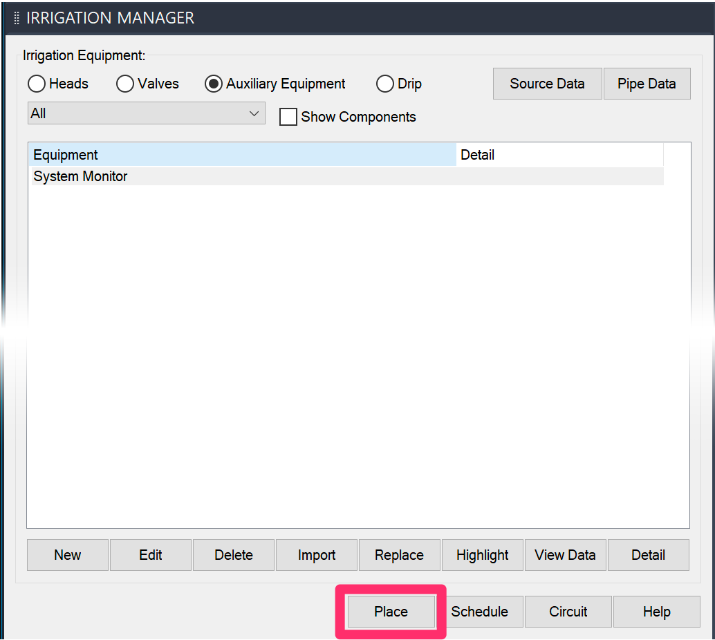 Irrigation Manager, System Monitor selected, Place button