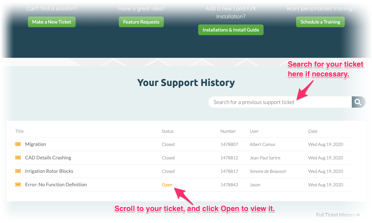 Land F/X Portal, Support History, Open button