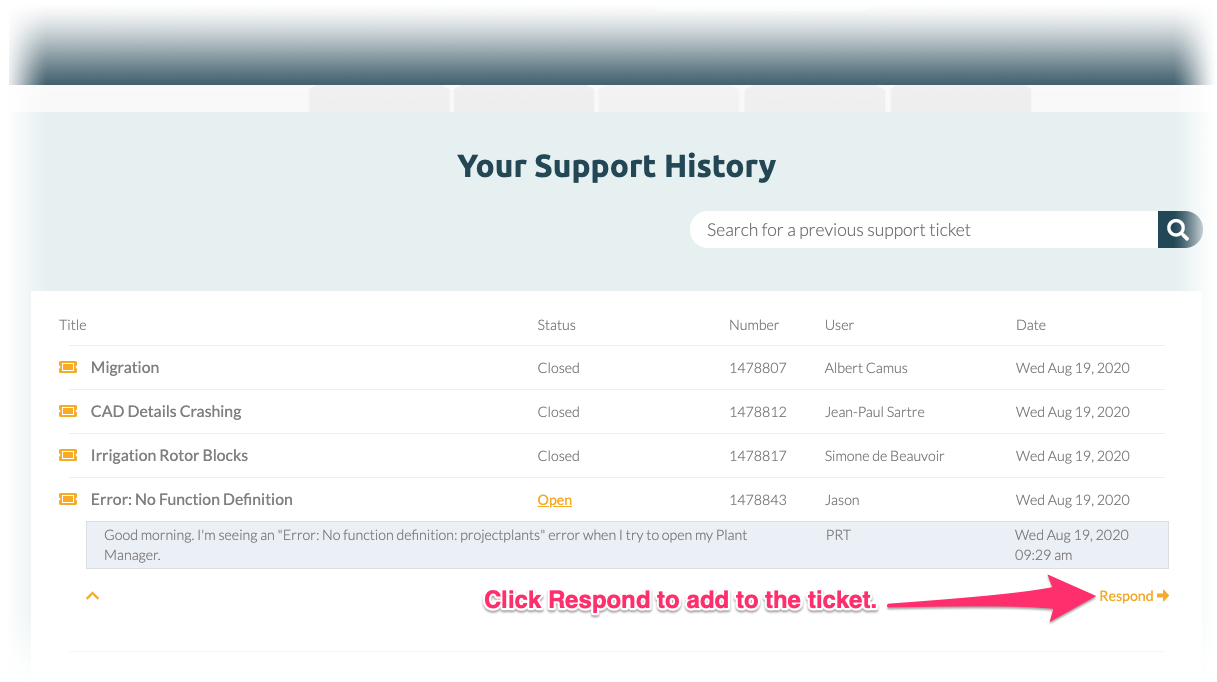 Expanded ticket, Respond button