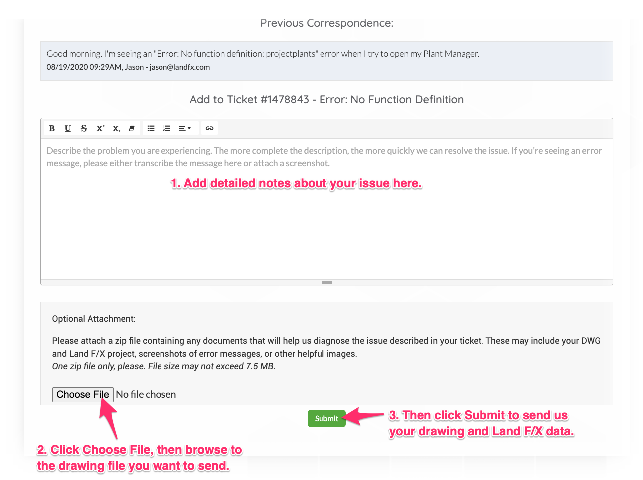 Example ticket in edit view