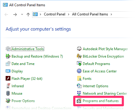 Programs and Features option from the Control Panel