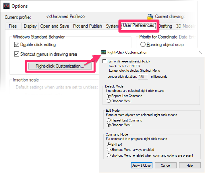 Right-Click Customization dialog box