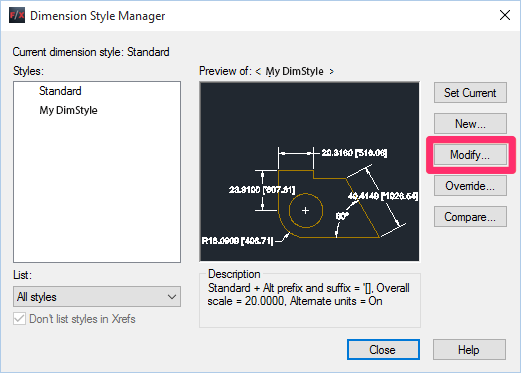 Dimension Style Manager, Modify button