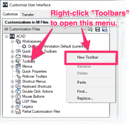 Customize User Interface, New Toolbar