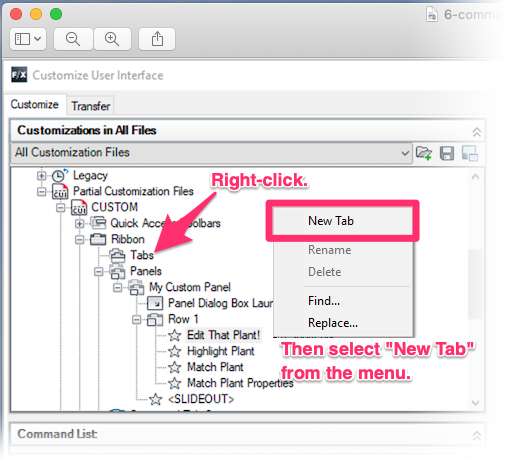 Right-click tabs under Custom ribbon
