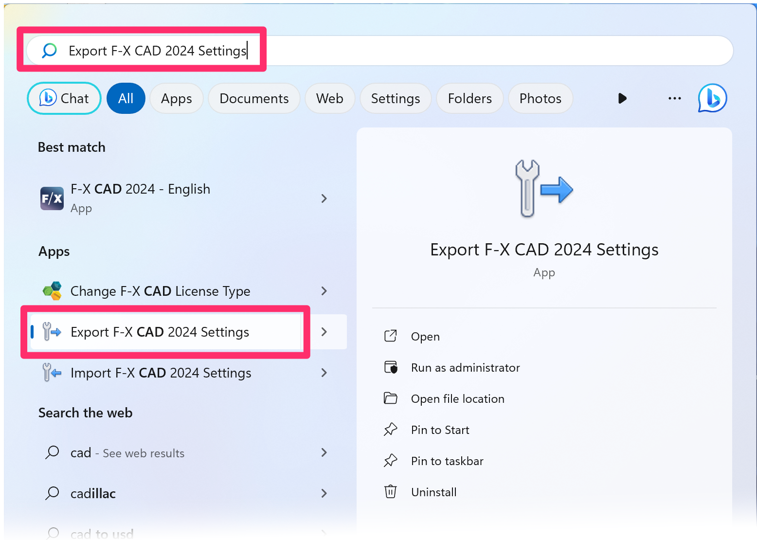Export F/X CAD Settings option in Windows Start menu