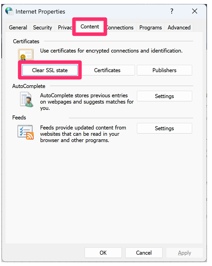 Internet Properties, Content tab, Clear SSL State button