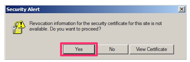 Security Alert Message, Yes button