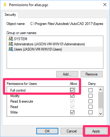 Permissions dialog box, Premissions for users section, Full Control option and Apply button