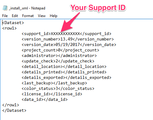 _install_xml file open in Notepad showing Support ID