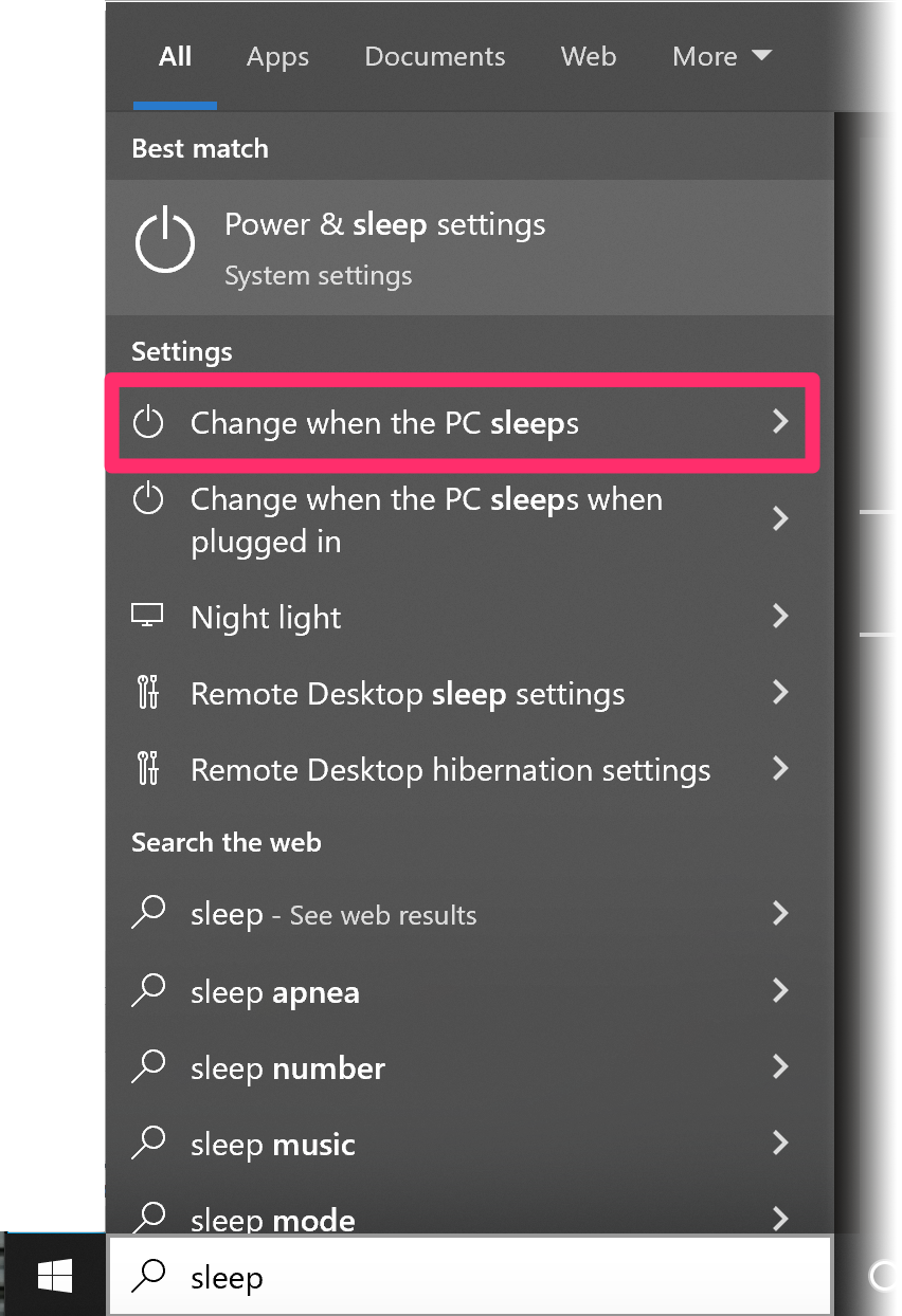 Change when the PC sleeps in Start menu