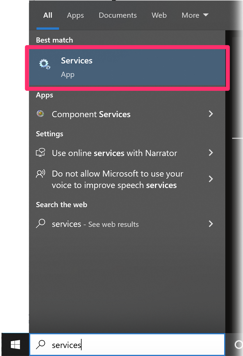 Services in Start menu