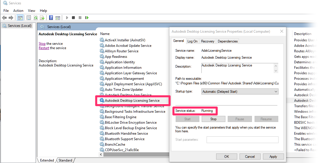 Verify that the Autodesk Desktop Licensing Service and FlextNet Licensing Service services are running